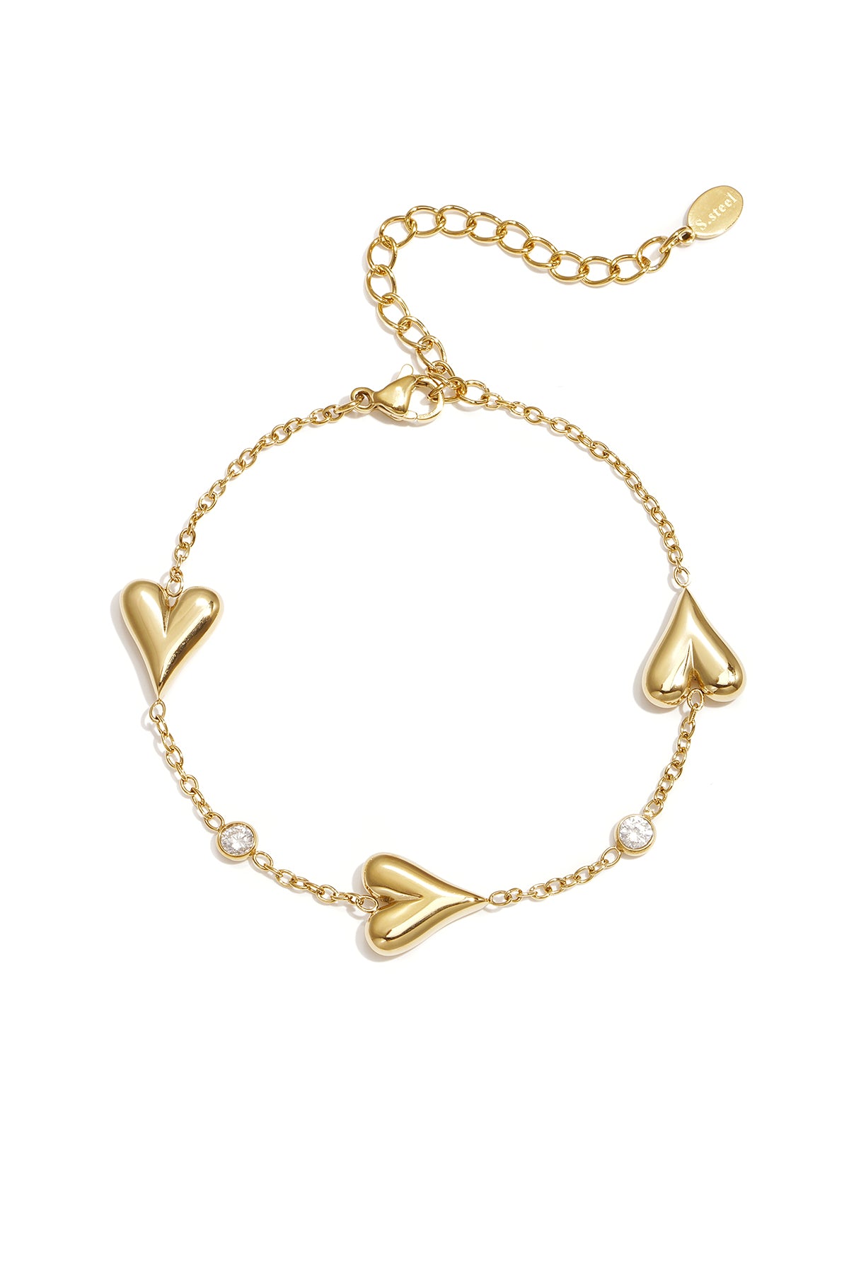Bracelet with three solid hearts and stones